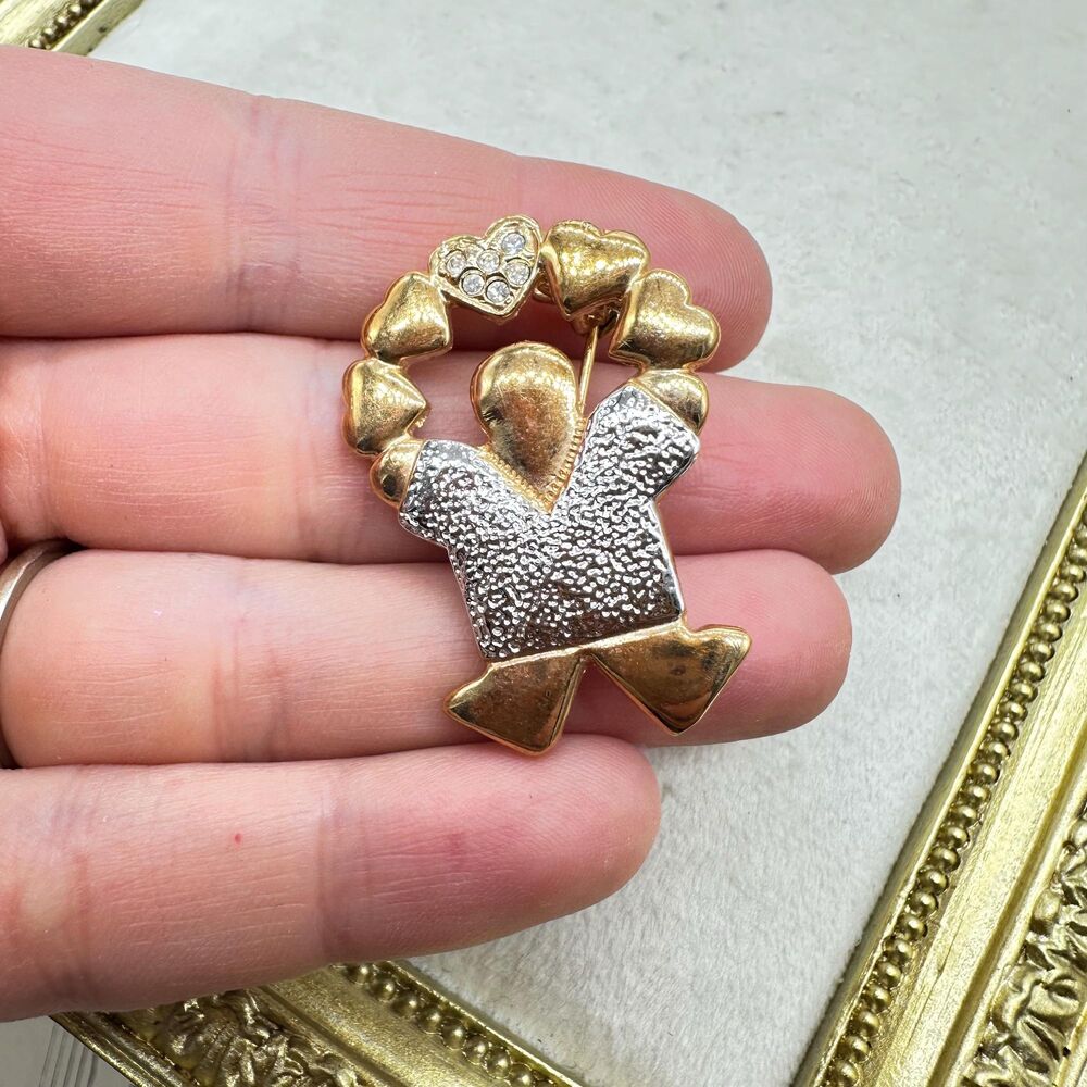 Vintage Two-Tone Heart Balloon Brooch with Rhinestone Accents - Gold & Silver